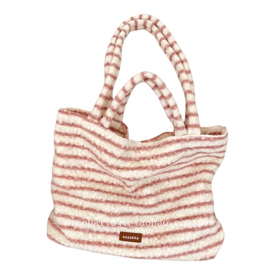 小白兔几毛绒条纹单肩手提包秋冬款托特包大容量单肩包百搭通勤包