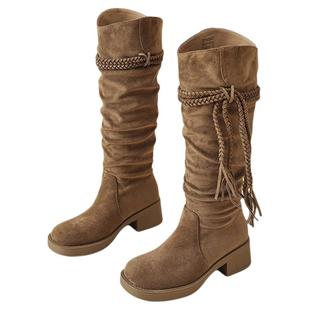 星期六中筒美拉德靴子女2025年新款爆款流苏骑士靴粗跟不过膝长靴