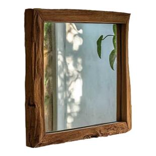中古风浴室镜复古实木质木框梳妆镜子挂墙面小正方形不规则卫浴室