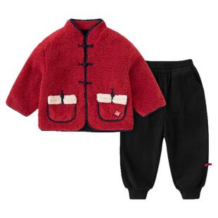 嘟嘟家男童唐装套装红色冬季儿童拜年服新中式外套裤子女童新年装