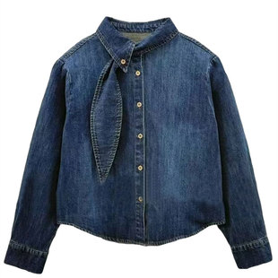 复古系带磨毛加绒牛仔衬衫女欧洲站2025冬装新款欧货女装打底衫潮