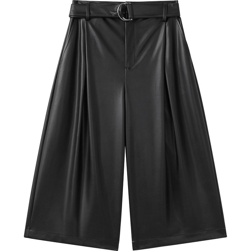播 bo秋冬机能感时髦皮面宽松阔腿七分休闲裤BDR4KD2621