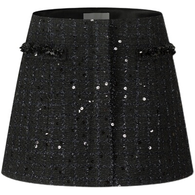 Three Quarters24秋季 黑色珠片重工手缝织带小香风外套半身裙