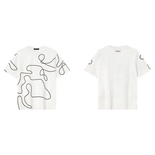 凯施迪夏季新款男士抽象艺术线条印花休闲简约基础款圆领短袖T恤