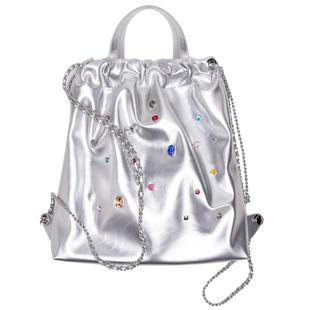 HIATUS银色宝石双肩包韩式ins风休闲链条亮面小香风双肩大包书包