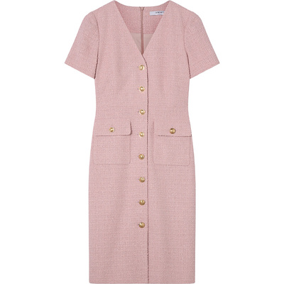 LK BENNETT粉色小香风短袖连衣裙秋季新款气质V领收腰显瘦