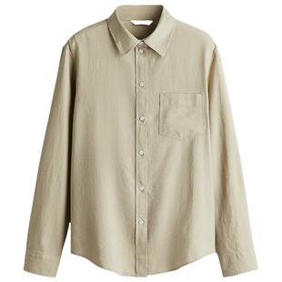 HM女装春季翻折领亚麻混纺衬衫休闲舒适上衣1213682