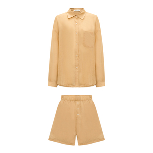 Petit Bari女士百搭苎麻套装 浅橘色衬衫短裤 夏季舒适女士两件套