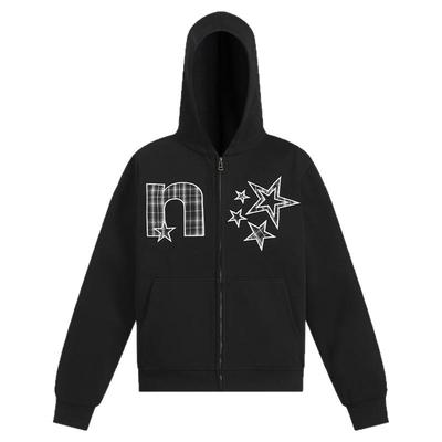 NELY小尼力2025秋季新款格子字母贴布绣连帽卫衣男女帽衫潮牌外套