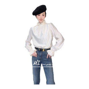 法式喇叭袖纯色上衣荷包领打底衫T恤女2025秋冬新款欧洲站女装