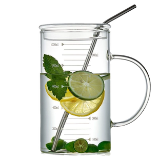 高硼硅带刻度玻璃杯水杯家用杯子1000ml大容量耐高温带盖泡茶杯