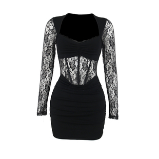 GirlsAt18 辣妹性感黑色蕾丝长袖连衣裙女气质鱼骨短裙修身包臀裙
