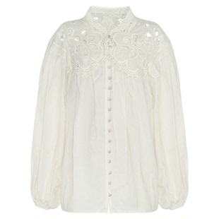 萌萌Ja 南浮古镇~法式衬衫重工镂空全棉泡泡袖上衣女米色长袖衬衣