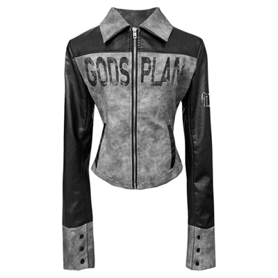 上帝计划黑灰拼接皮衣短款外套