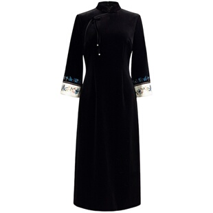 浒城古娘新款刺绣丝绒复古优雅中袖新中式国风旗袍连衣裙女款春秋