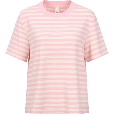 本来BENLAI女士撞色条纹短袖t恤女宽松圆领正肩上衣