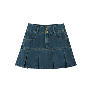 百褶牛仔短裙女夏季高腰胖mm大码遮肚子显瘦梨形身材a字半身裙子