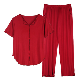 轩靓睡衣女夏季薄款莫代尔短袖长裤夏天红色本命年家居服大码套装