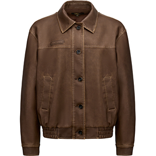 LINC金羽杰皮衣外套女春季新款蛋白皮飞行员夹克外套女S251JK033Y