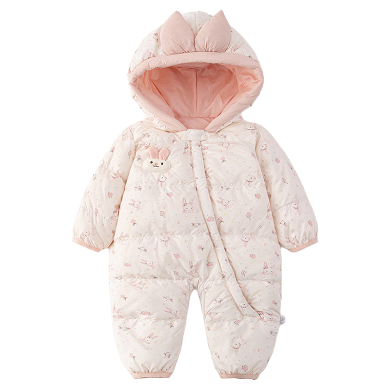 女宝宝羽绒服连体衣1岁女童连帽外出爬服婴儿冬季白鸭绒抱衣