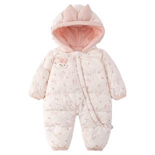女宝宝羽绒服连体衣1岁女童连帽外出爬服婴儿冬季白鸭绒抱衣