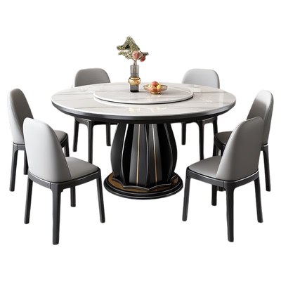 轻奢岩板圆桌现代简约家用吃饭桌子带转盘实木圆形餐桌十人大圆桌