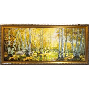 白桦林风景轻奢纯手绘原创油画欧美法式客厅横版高级感装饰画订制