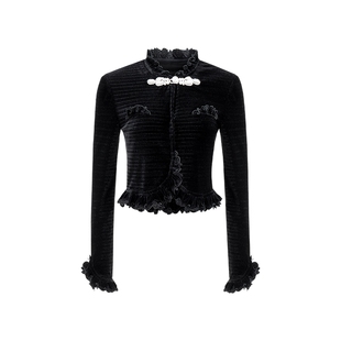 lefame拉飞姆丝绒荷叶边压褶上衣短款外套高级感女