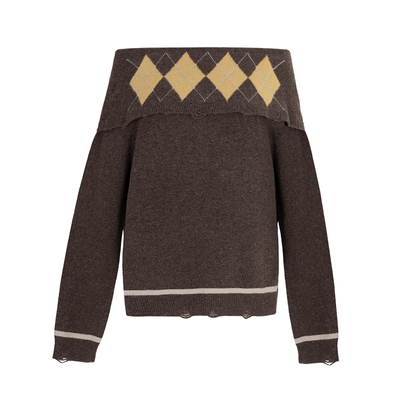 MioraStudio法式复古棕色费尔岛一字肩上衣菱形格针织衫显瘦毛衣