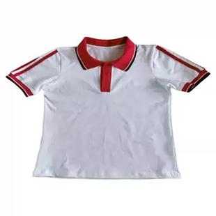 定做大连市中小学生新款夏季薄款白色拼红色翻领宽松校服班服大码