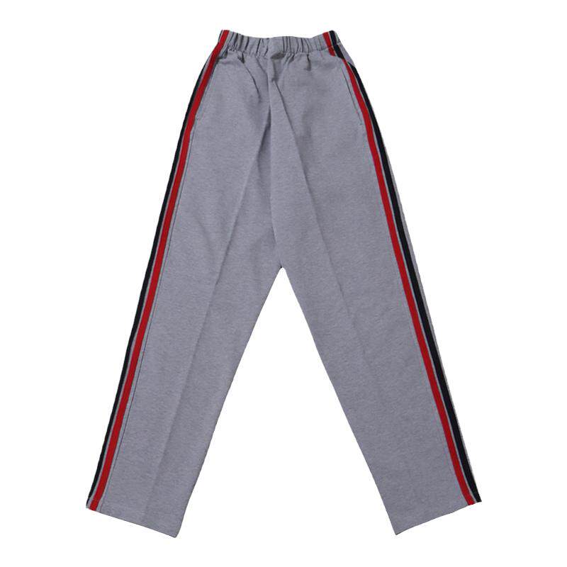浅灰色拼前红后黑两道杠校服裤子