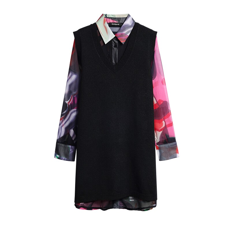 【LACROIX联名】Desigual26秋冬多色印花两件套长袖衬衫式连衣裙