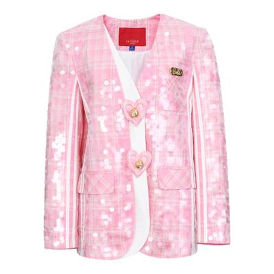 粉格子珠片绣爱心假两件外套