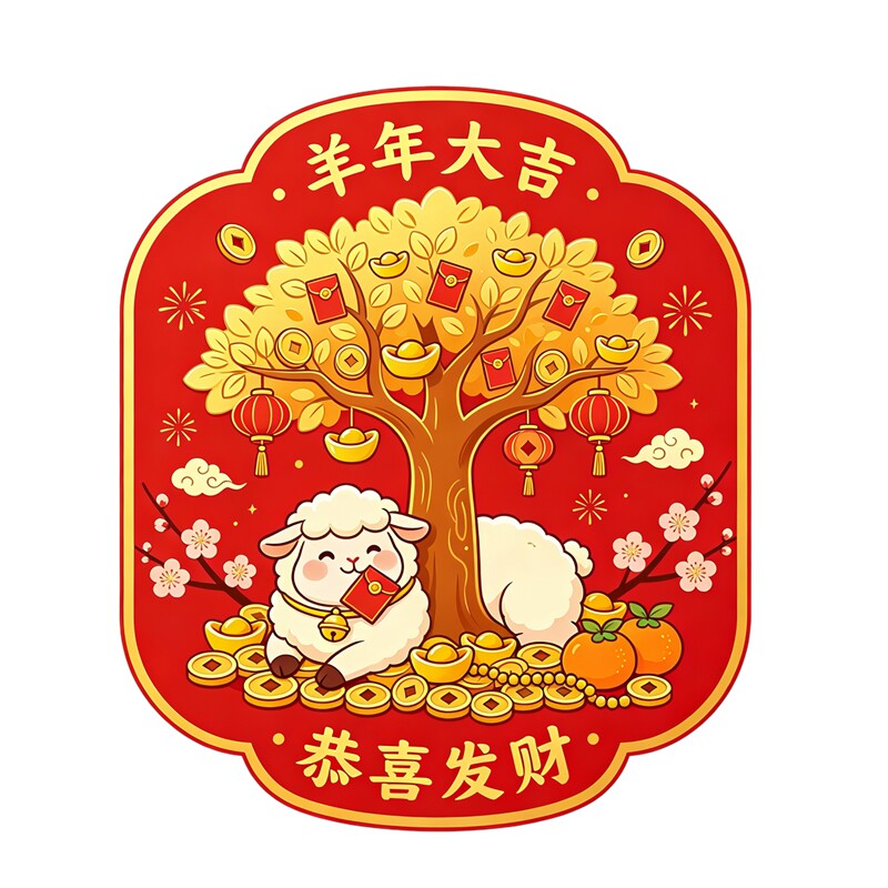 羊年大吉摇钱树墙贴贴画萌趣小羊元宝红梅春节吉祥氛围装饰贴纸画