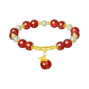 周大生红玛瑙手串女纯银蛇年竹节和田玉手链生日礼物实用送女友