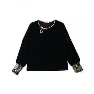 布符新中式「黑真丝丝绒包条袖口刺绣上衣」2026年春新品长袖T恤