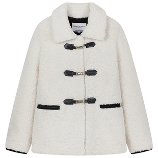 TeenieWeenie小熊女装外套2025秋季新款简约舒适皮革环扣毛呢大衣