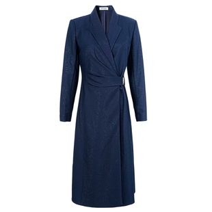 米思阳2026春季新款通勤高级感连衣裙藏蓝色褶皱亮线收腰裙子厚