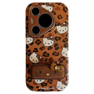 拓岚 适用华为pura80pro+新款手机壳秋冬棕色豹纹kitty猫Pura70ultra皮质折叠支架mate80/70/60pro挂绳防摔女