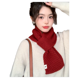 针织毛线围巾女本命年过年喜庆新年酒红色秋冬季短小围脖交叉护颈