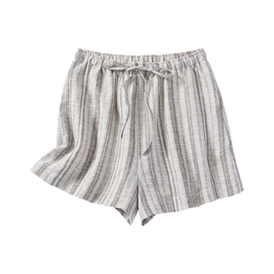 YANGLE_卡其色短裤女夏2025新款轻薄宽松直筒条纹亚麻阔腿休闲裤