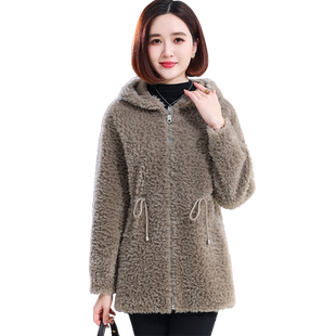 羊剪绒大衣女2025冬新中长款连帽系带减龄海宁羔羊毛颗粒皮草外套