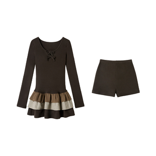 【精灵的祈愿】Uena棕色多层蛋糕裙摆圆领长袖修身连衣裙附打底裤