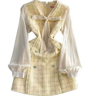 大码胖mm富家千金小香风蝴蝶结v领黄格纹连衣裙女秋冬显瘦中长裙