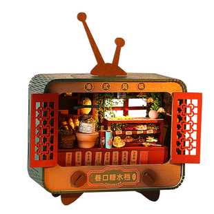 复古电视机木质微缩拼装灯光玩具八零后怀旧糖水铺场景桌面小摆件