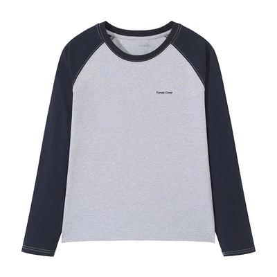 拓路者撞色纯棉长袖T恤女百搭绣花圆领休闲上衣插肩袖打底衫内搭