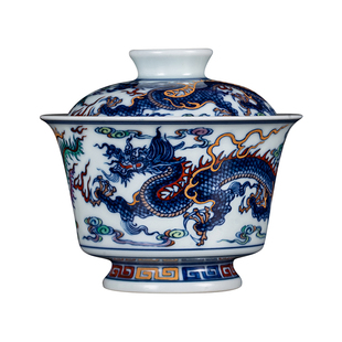 钟家窑景德镇陶瓷盖碗纯手工手绘青花斗彩描金龙凤马蹄泡茶碗茶器