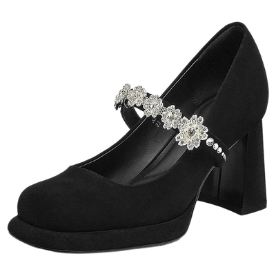 星期六法式绝美水钻绒面复古高跟玛丽珍鞋女粗跟不累脚软底通勤鞋