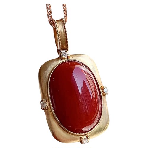 ENIMOL日本aka阿卡红珊瑚牛血色蛋面吊坠 18k金钻石镶嵌 轻奢百搭
