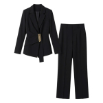 春秋新款褶皱修身金属扣西装裤子职业两件套大码气质微喇裤套装女